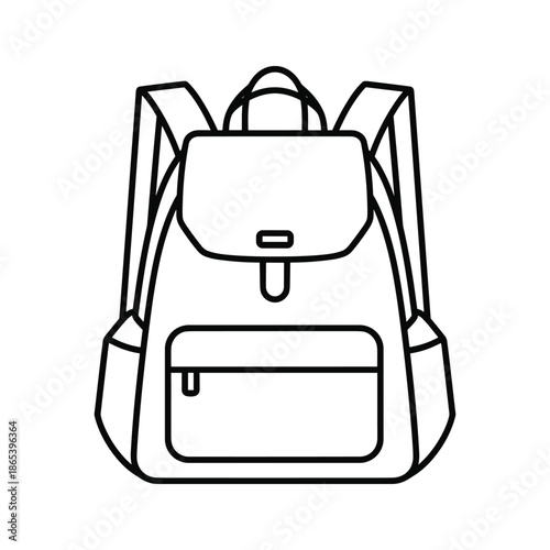 Simple black and white illustration of a backpack with pockets and straps