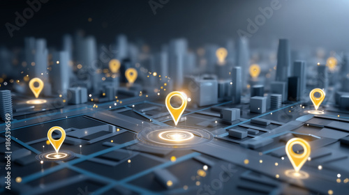 A modern digital illustration of a city map with glowing location pins representing local search optimization, multiple highlighted business locations connected by subtle lines, SE