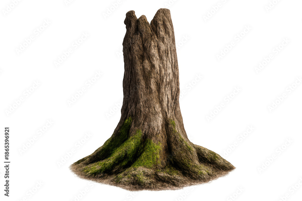 Fototapeta premium Gnarly old tree stump featuring textured brown bark and a spreading root system, with vibrant green moss growing at its base