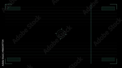 Camera scanning HUD teal lines moving scan bar reticle data readout 4K seamless loop tech surveillance overlay