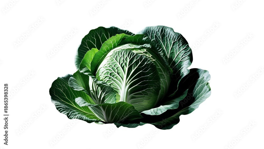 Obraz premium Fresh Green Organic Cabbage with Detailed Leaves Isolated on White Background
