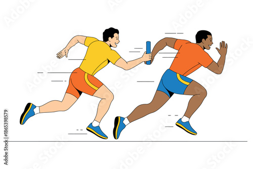 Two athletes passing a baton in a relay race with motion lines in the background