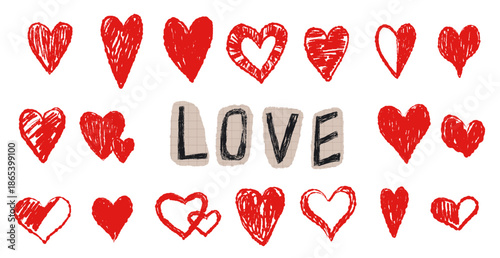 Set of red hearts with crayon and lipstick texture. Valentine Day hand drawn stickers