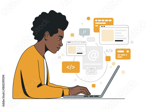 A young programmer working on a laptop with coding symbols and icons floating around