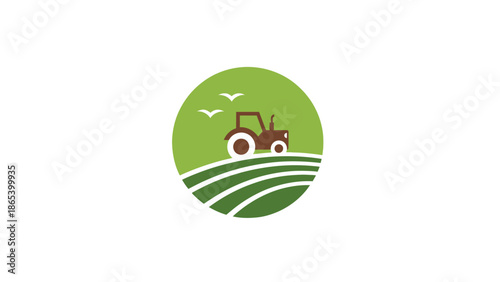 A minimalist logo design depicting a tractor on farmland, symbolizing agriculture and farming.