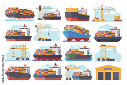 A colorful illustration of various cargo ships and cranes at a bustling port facility with containers being loaded and unloaded.