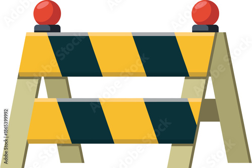 A yellow and black striped barricade with red warning lights on top, used for construction or roadwork safety.