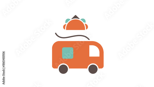 Stylized orange camper van with a tent on top.