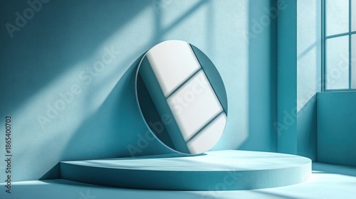 A minimalist interior scene featuring a round mirror on a circular pedestal. The walls are painted in a soft blue color, with natural light streaming through a window.