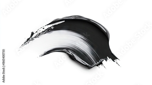 A smooth, curved brush stroke of black and white paint on a clean white background. The texture is glossy and fluid, showcasing artistic expression.
