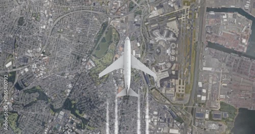 Airplane flying at high altitude with contrail over big city. Aircraft flight, top view