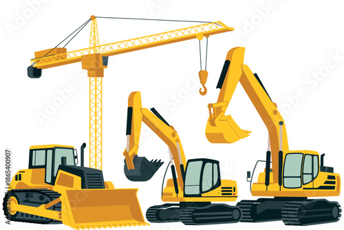 A set of heavy construction equipment including excavators and a crane