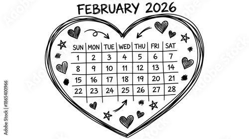 Charming Hand-Drawn Heart Calendar for February 2026 with Decorative Icons