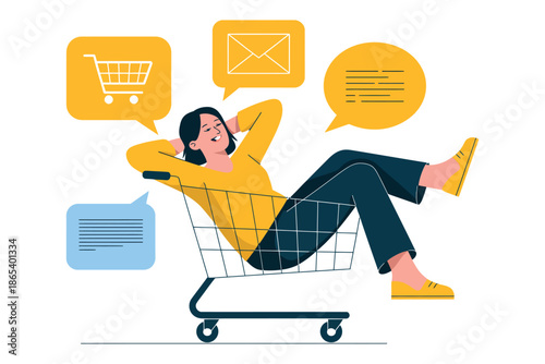 A relaxed woman reclining in a shopping cart with speech bubbles above her head