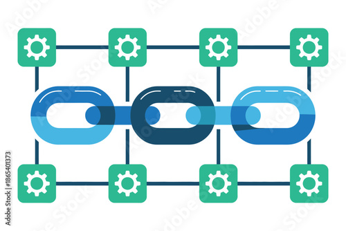 A stylized illustration of interconnected chain links and gear icons representing unity and mechanics