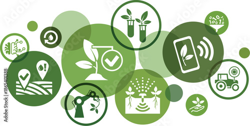 Smart farming vector illustration. Concept with icons related to AI agriculture technology, modern agronomy, monitoring crop, iot harvest optimization, farm analytics, artificial intelligence.