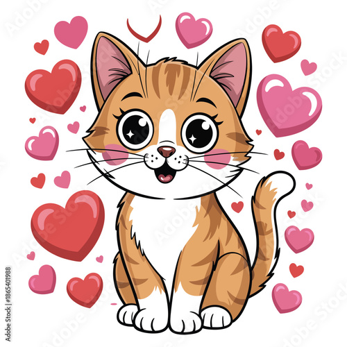 Adorable cute kitten cartoon surrounded by hearts with charming eyes and joyful expression cat with cute face and pink cheeks surrounded by hearts