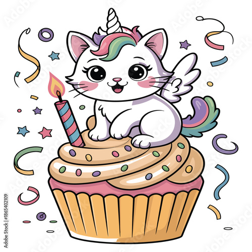 Cute cartoon unicorn cat kitten sitting on cupcake with birthday candle and falling confetti and decorations on white background vector illustration