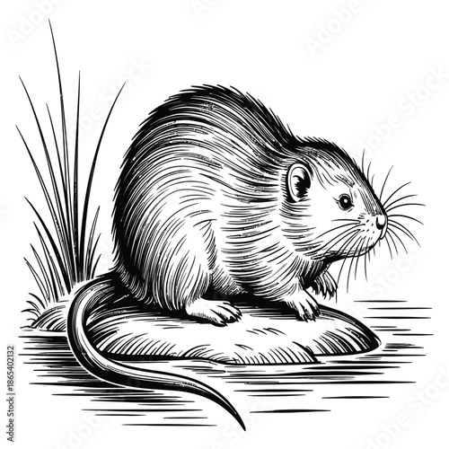 Detailed muskrat illustration vector with fine hatching on white background perfect for wildlife book illustration or educational nature material art