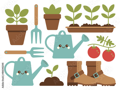 A colorful illustration of gardening tools and plants with smiling cartoon watering cans.