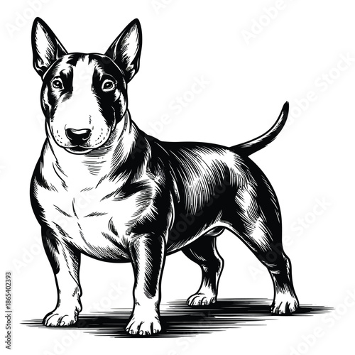 Striking Black and White Bull Terrier Portrait with Strong Muscular Build classic breed known for its loyalty and distinctive appearance in canine art