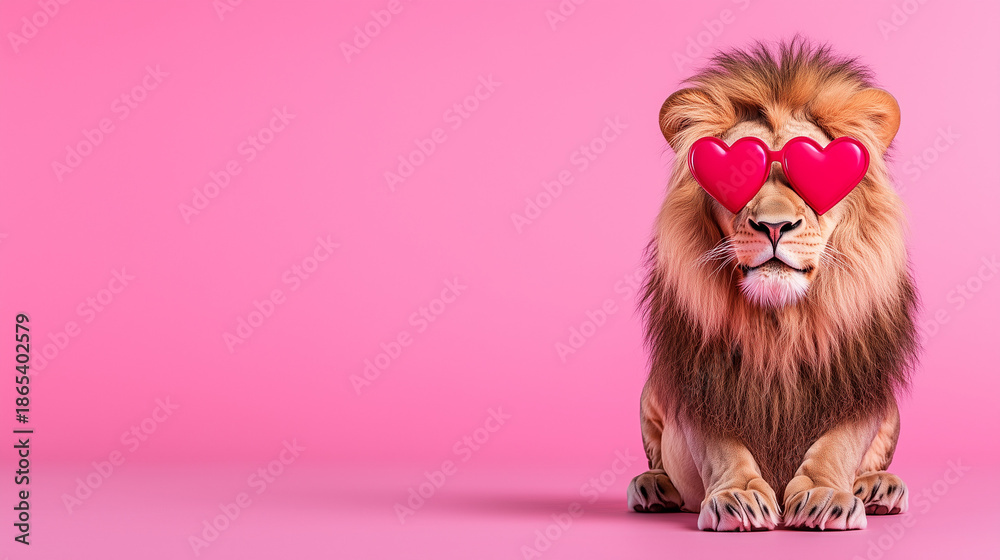 Obraz premium A lion wearing heart-shaped red sunglasses, with empty space for text.