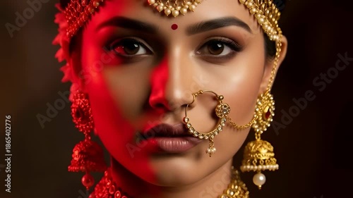 Woman face with dramatic red light on one side wearing golden traditional Indian jewelry for cultural fashion and beauty.	
