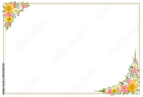 押し花のカラフルボタニカルフレーム、ハガキ横サイズの背景透過飾り枠