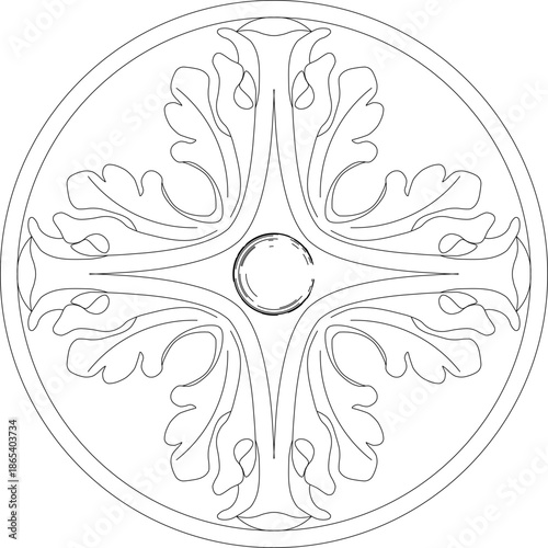 Ornate vector of a circular ceiling rosette, featuring bold acanthus leaf scrolls and a minimalist symmetrical design.