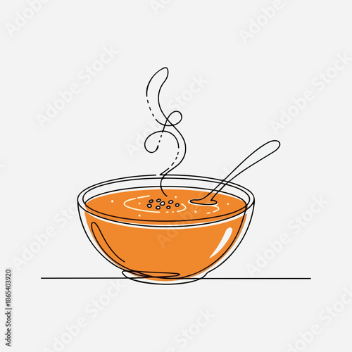 Warm soup bowl with steaming hot orange soup and a spoon resting inside. Cozy soup presentation with aromatic steam rising, perfect for comforting meals.