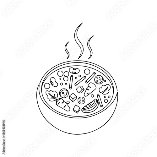 Line art illustration depicts steaming hot food, a comforting bowl of vegetable soup filled with carrots, beans, and fresh ingredients. This delicious hot food offers warmth and nourishment.