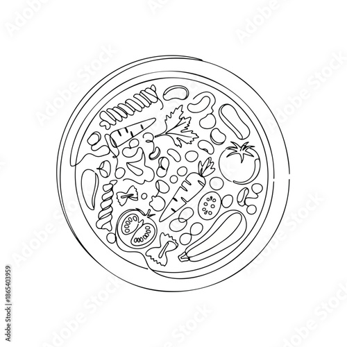 Line art illustration of vegetable soup with carrots, zucchini, beans, tomatoes, pasta. Wholesome vegetable soup offers comforting warmth. Concept vegetable soup for food blogs, healthy recipes,