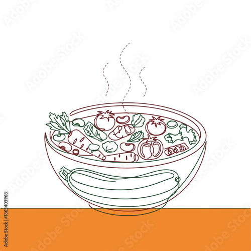 Minimalist line art illustration showcases steaming bowl of flavorful winter food. Hearty winter food contains fresh vegetables including carrots, tomatoes, beans, bell peppers, and greens,