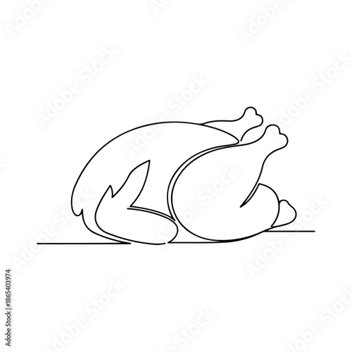 Line art of roasted turkey, minimalist graphic for holidays. Whole roasted turkey conveys warm winter food, comfort food, hot food for menus. Cozy food, roasted turkey ideal for seasonal marketing.