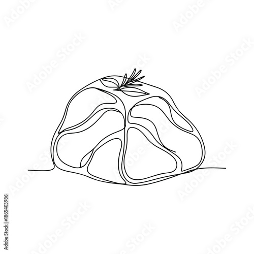 Continuous line art illustration of delicious comfort food, showcasing rustic baked item with fresh rosemary sprig. Minimalist drawing captures cozy food essence,
