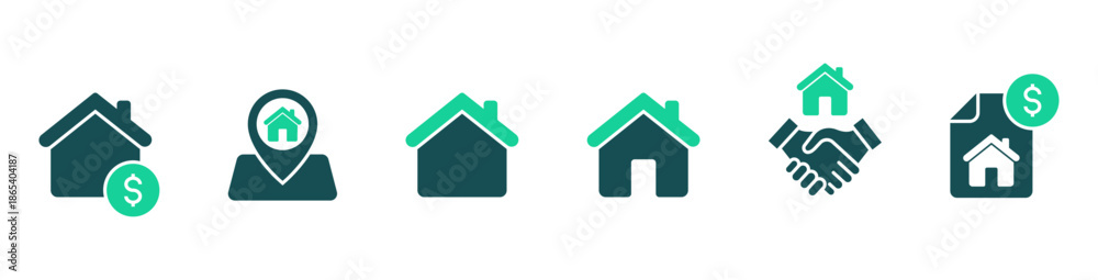 Obraz premium Real estate house icon set showing property, location, deal, and contract icons. featuring houses for sale, home, location pins, handshakes, and money symbols. for UI, apps, and business designs