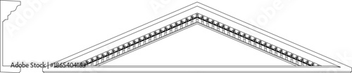 Technical vector of a triangular pediment ornament, featuring detailed classical dentil moldings and architectural profiles.