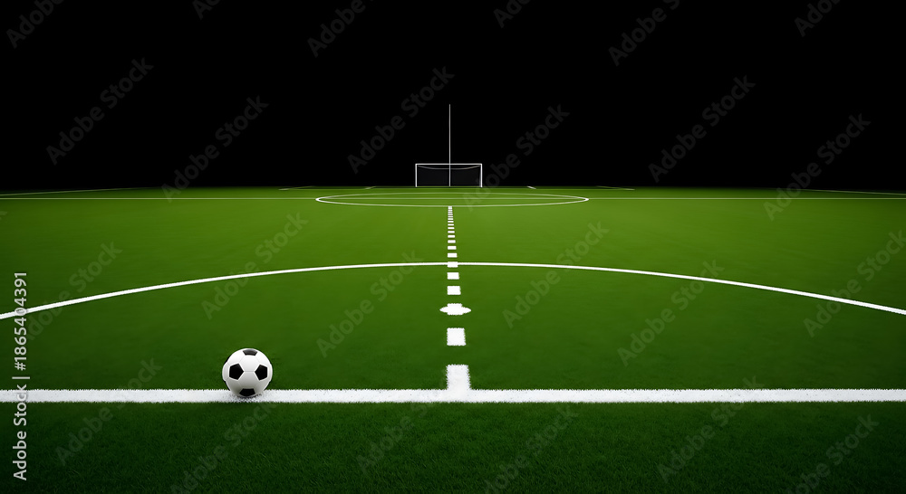 Obraz premium Soccer ball on green field with white lines and goal football sport