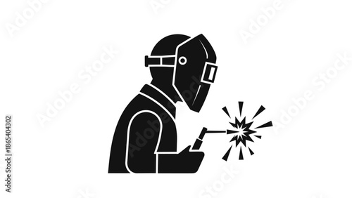 Welding worker in protective gear working with sparks.