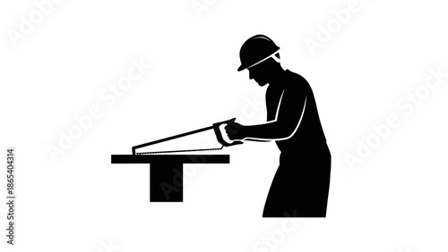 Worker Sharpening Tool on Workbench Silhouette Illustration.