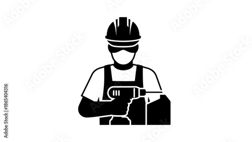 Construction Worker Operating Power Tool with Safety Gear.