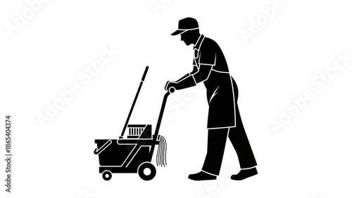 Man in uniform pushing a cart with a long handle and wheels.