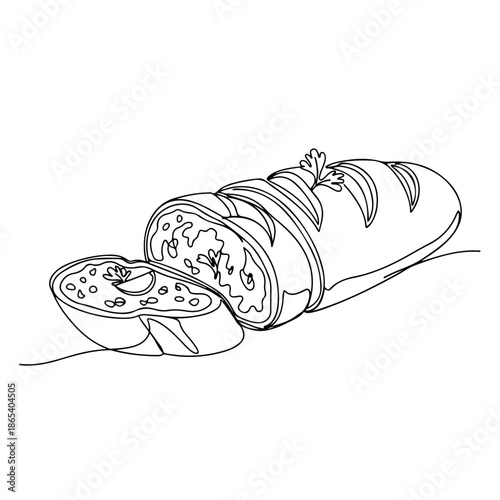 Line art illustration depicting warm comfort food, rustic bread loaf sliced open revealing hearty filling. Hand drawn comfort food, showcasing baked bread, ideal for chilly winter evenings.
