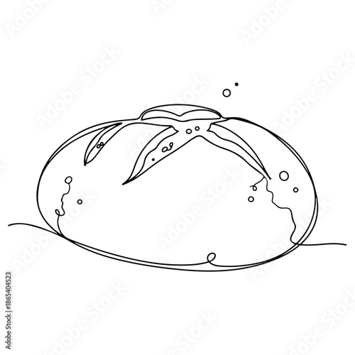 Minimalist black outline bread drawing on white background, showcasing a rustic round loaf with simple score marks. This single line bread drawing captures fresh baked dough texture.