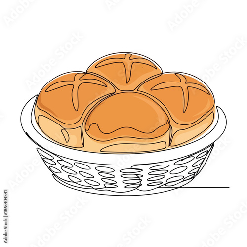 Continuous line drawing showing basket with fresh bread rolls. Warm brown dinner rolls are perfect comfort food, cozy food for family meal. Concept bread rolls for bakery menu, winter food,