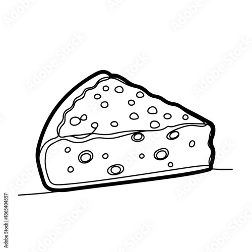 Simple black and white cheese drawing featuring a triangular wedge with holes. This versatile cheese drawing is perfect for culinary designs, recipe books, or restaurant menus.