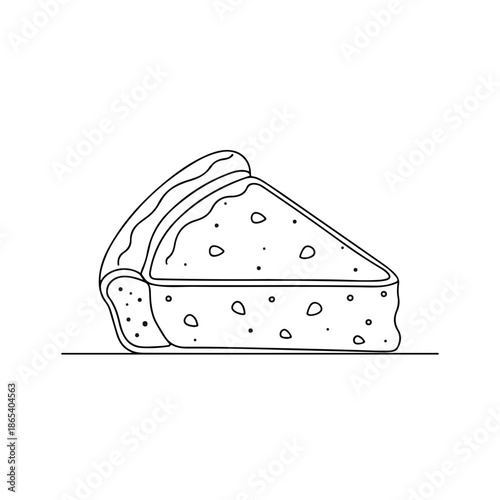 Simple cheesecake slice line art drawing depicts minimalist dessert illustration with crust and creamy texture. Portion of sweet pie ideal for menu design or recipe book.