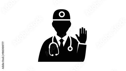 Doctor wearing a stethoscope and waving hand in greeting or farewell gesture.