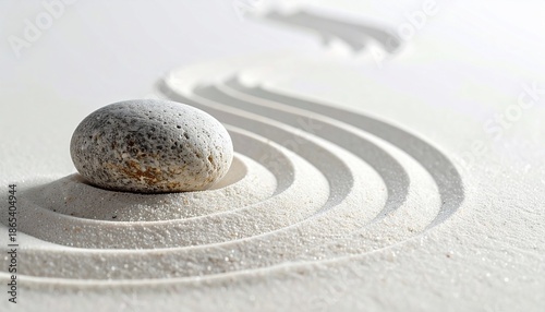 A single stone sits within a carefully raked sand garden, evoking serenity and peace