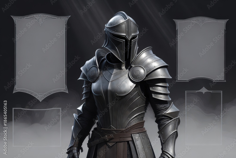 Naklejka premium A knight stands in detailed armor with a helmet in a digital space. There are empty frames on each side where graphics can be placed. Light shines from above
